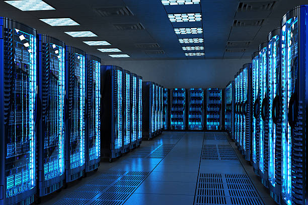 Server racks with telecommunication equipment in server room